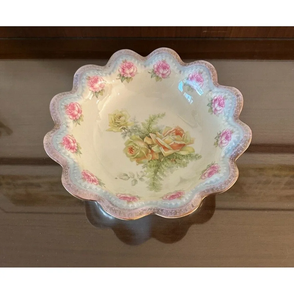 Antique Double Back Stamped MZ Austria & Habsburg BT Co. Floral Ruffle Bowl 11''